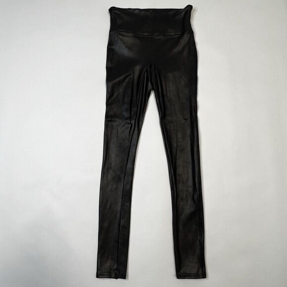 SPANX Faux Leather Leggings Women's Black Shiny Coated Shaping Pants Small - Picture 2 of 10